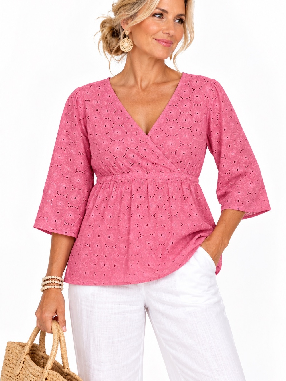 Sigrid Olsen Pink Eyelet Wrap Blouse 100% Cotton- XL